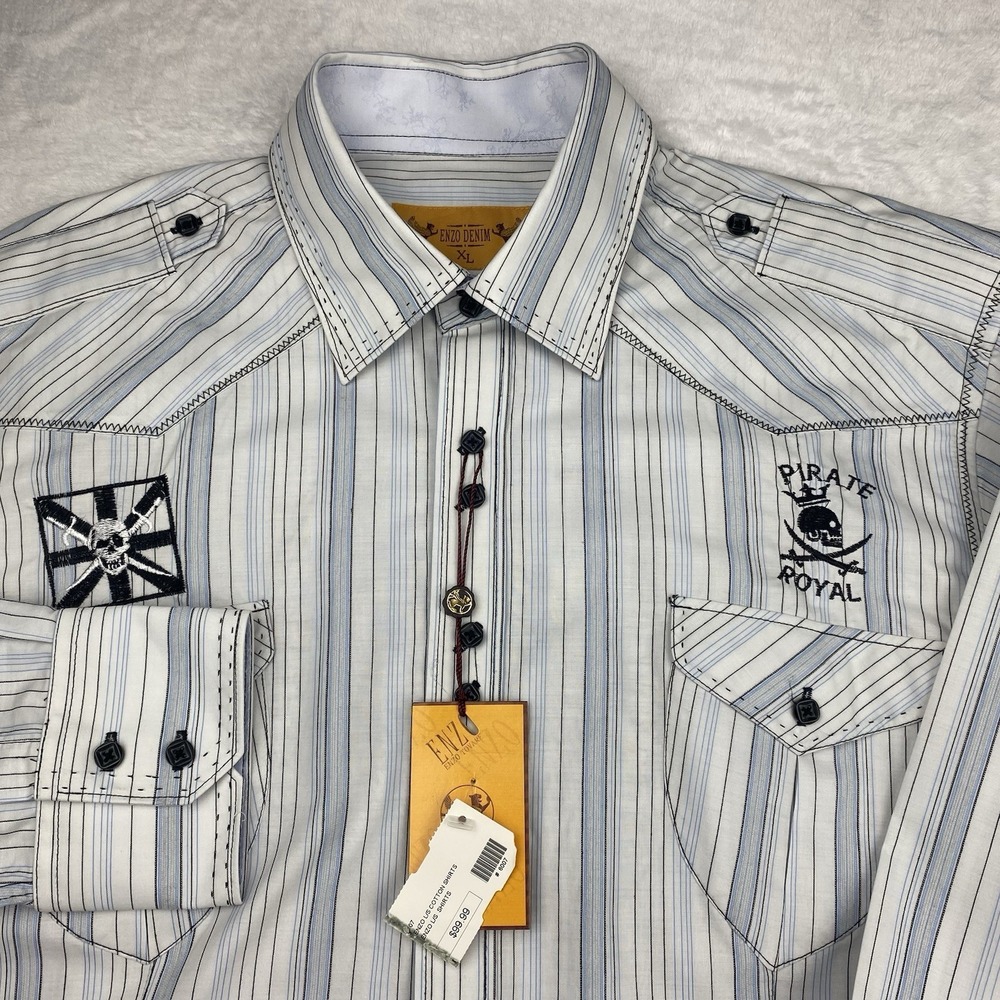 Enzo Denim Mens XL White Striped Shirt Embroidered Button Up NWT Long Sleeve